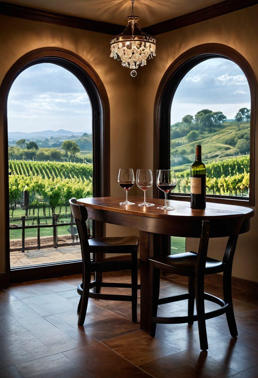 A sophisticated and elegant wine cellar filled with various bottles of premium fine wines, showcasing their intricate labels. A wooden tasting table is adorned with a crystal decanter and two exquisite wine glasses, reflecting a soft ambient light. In the background, lush vineyard landscapes can be seen through an arched window, adding depth and character. The overall atmosphere should evoke a sense of luxury and refinement. super-realistic. warm colors. soft lighting.