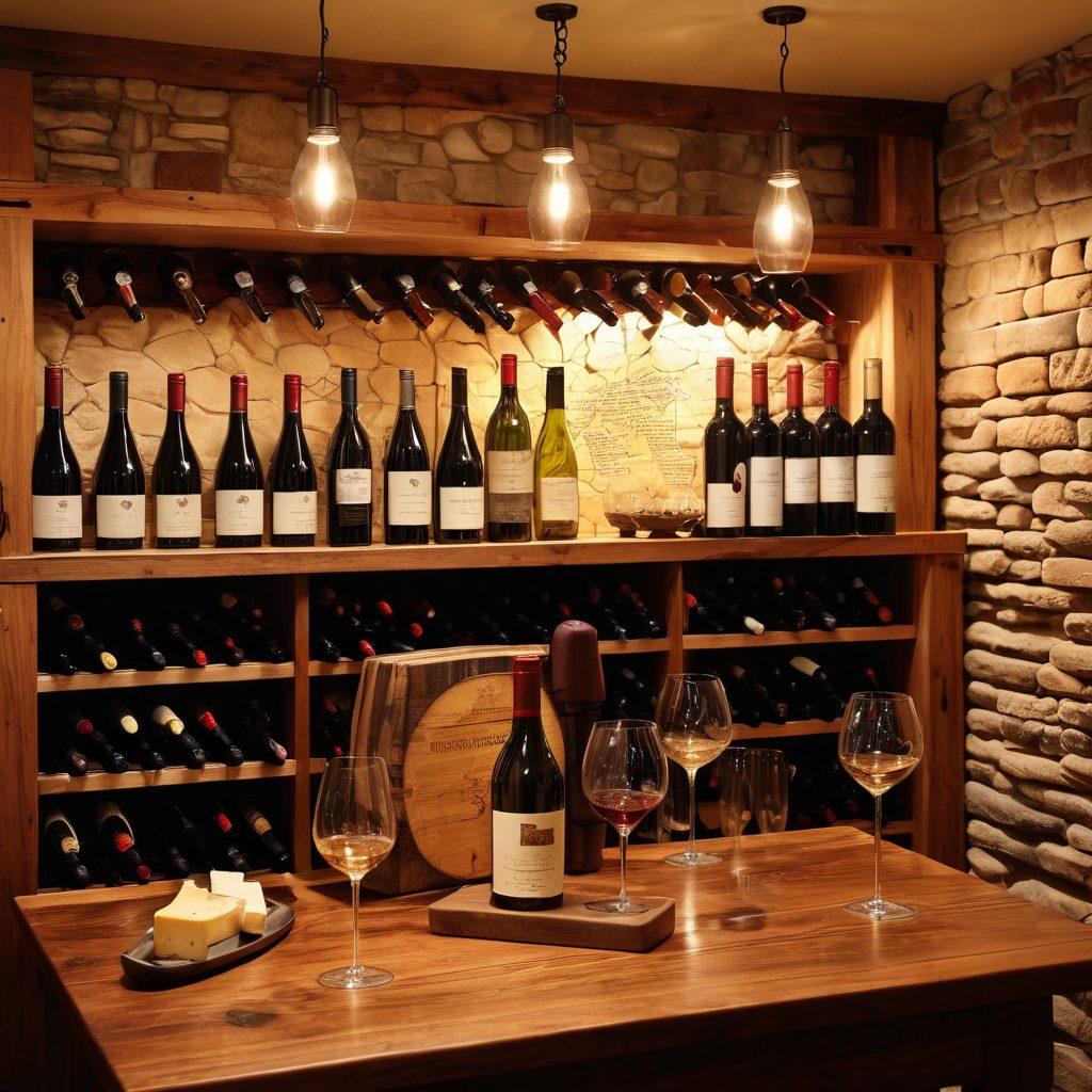 A beautifully arranged display of premium wine bottles, complemented by elegant wine glasses and stylish corkscrews, set against a rustic wooden table in a cozy wine cellar. A soft glow of ambient lighting creates an inviting atmosphere, with vintage wine racks in the background showcasing an array of elegant bottles. Include elements like a map of wine regions subtly displayed on the wall, alongside tasting notes and cheese pairings for a complete experience. super-realistic. warm tones. cozy ambiance.