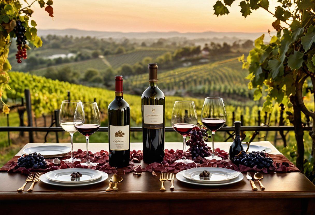 A beautifully set dining table featuring an elegant wine decanter, crystal wine glasses, and an assortment of wine-related accessories like corkscrews and bottle stoppers. Surrounding the table, lush grapevines and a backdrop of a serene vineyard at sunset. Soft golden lighting creates an inviting atmosphere that embodies luxury and warmth. super-realistic. vibrant colors. warm tones.